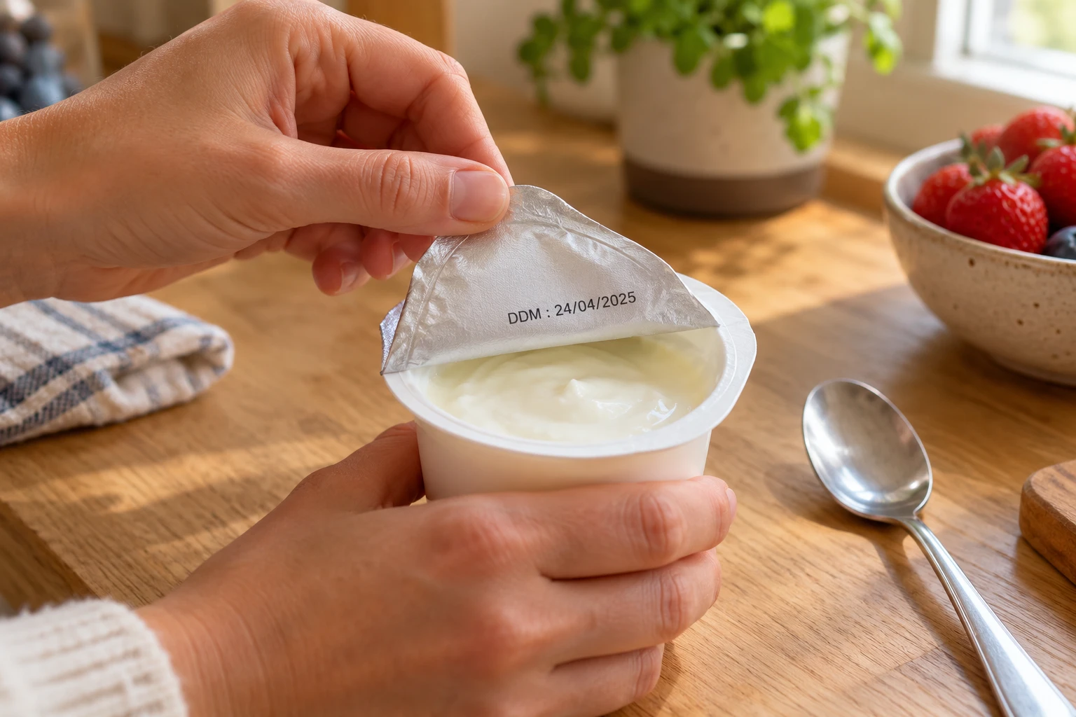 Pot de fromage blanc ouvert dont on contrôle la date de péremption sur une table de cuisine en bois