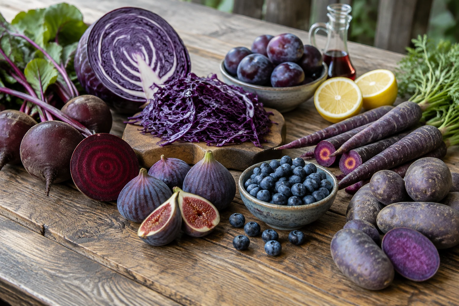 Table en bois garnie de fruits et légumes violets : chou rouge, betteraves, figues, myrtilles et carottes violettes