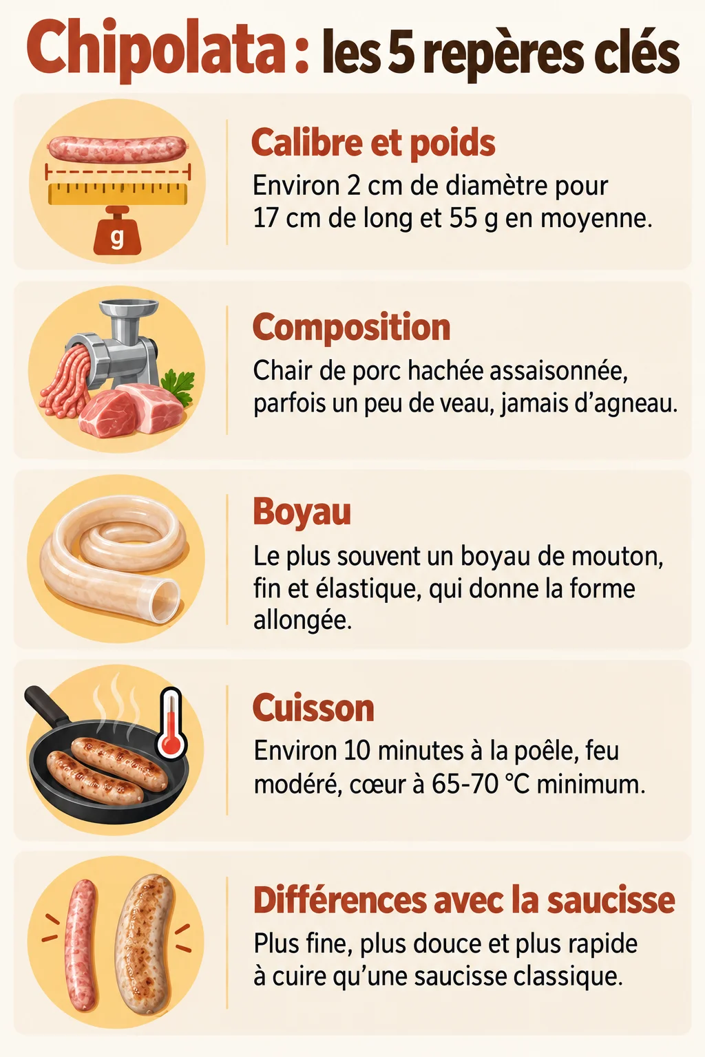 Chipolata : les 5 repères clés : Calibre et poids, Composition, Boyau, Cuisson, Différences avec la saucisse