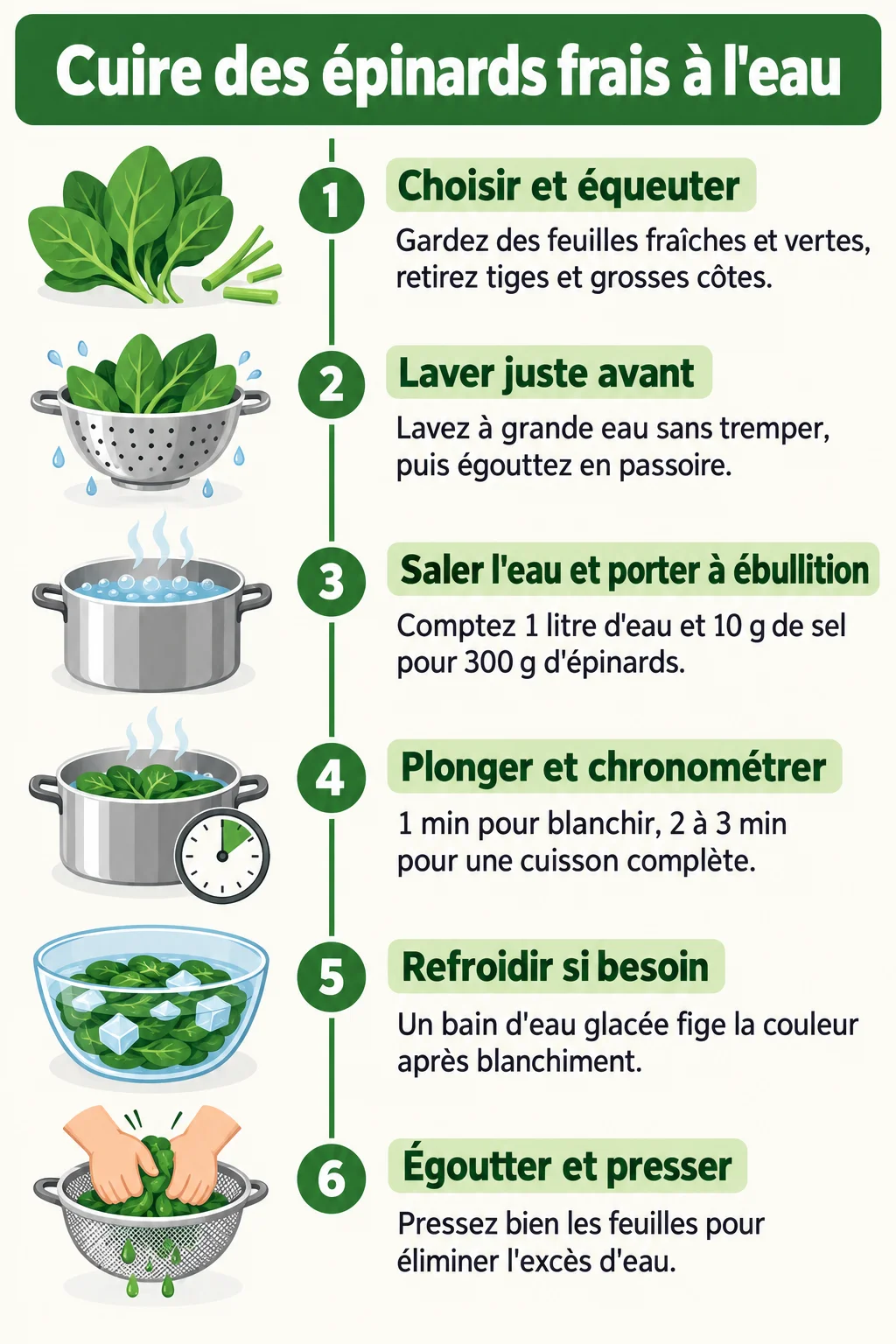 Cuire des épinards frais à l'eau : 1. Choisir et équeuter, 2. Laver juste avant, 3. Saler l'eau et porter à ébullition, 4. Plonger et chronométrer, 5. Refroidir si besoin, 6. Égoutter et presser